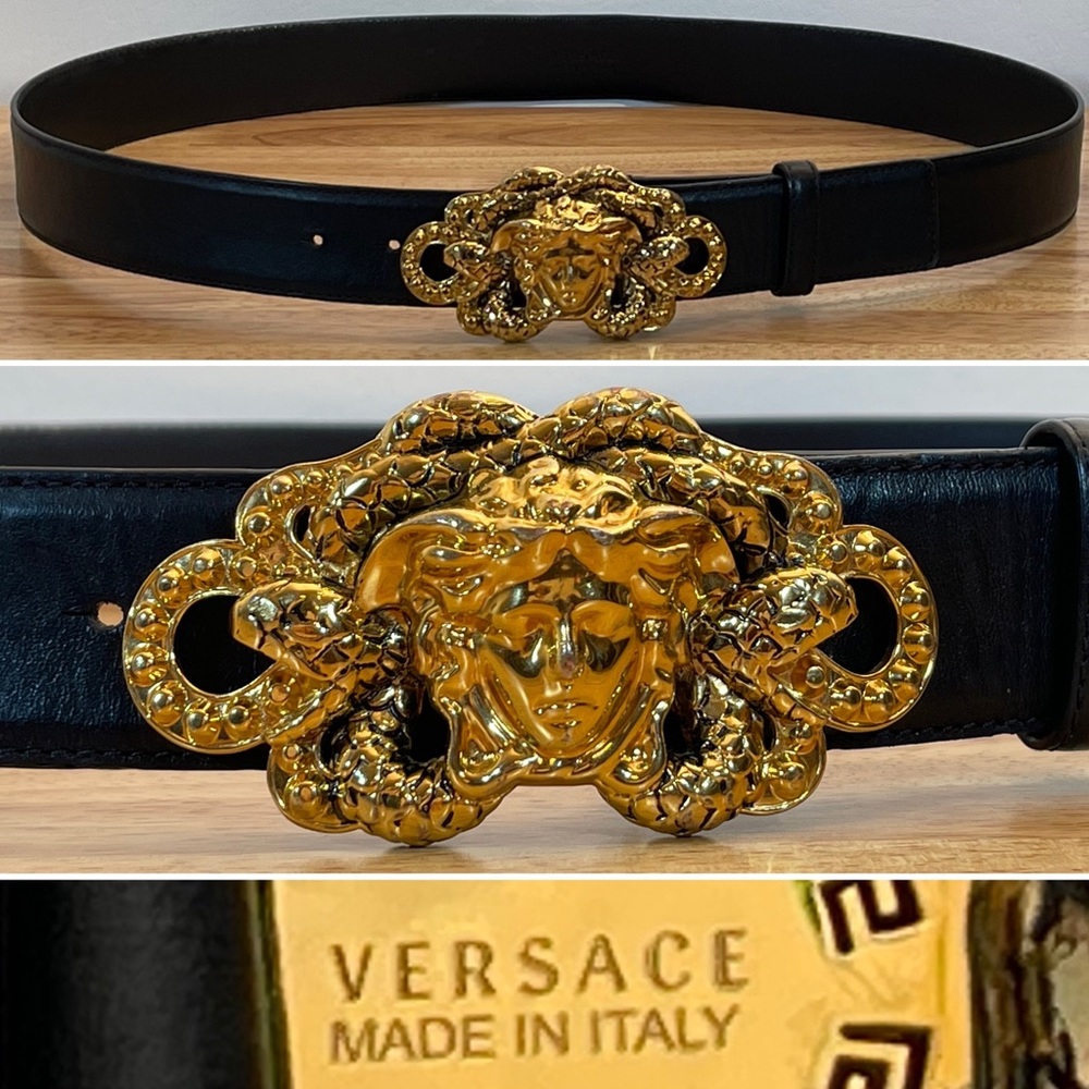 • VERSACE • Black Leather La Medusa Snake Gold Head Buckle Belt 105 / 42 • Italy